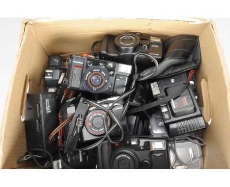 A Box of Compact Film and Digital Cameras, brands include Canon, Casio, Chinon, Fuji, Fujifilm, Hanimex, Kodak, Miranda, Niko