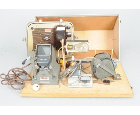 A Minette 8mm Cine Editing Bench, with a Minette Eight Viewer Editor, rewind arms, an Agfa N8 cement splicer, lamp and pegs, 