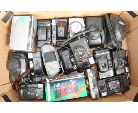 A Tray of Compact Film Cameras, brands include Konica, Minolta, Olympus, Pentax, Samsung and Yashica, A/F 