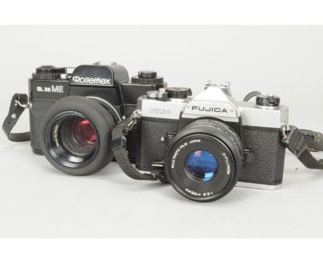 A Rolleiflex SL35 ME SLR Camera,  Rollei Planar 50mm f/1.8 lens, shutter working on mechanical speed, battery cover present b