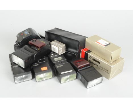 Canon Speedlite Electronic Flashes and Accessories, a 299T flash, two 300TL flashes, a 420EZ flash, two 430EZ flashes and a M