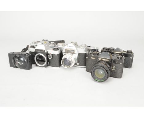 A Group of SLR Bodies, including a Rolleiflex SL35 SLR camera, a Kiev 19 SLR body, a black Olympus OM-2 SLR body, a Minolta X