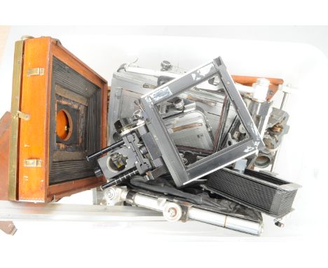 Large Format View Camera Parts, Plaubel Peco frames, 18 x 24cm, 10 x 15cm, together with mahogany stand camera body, A/F 