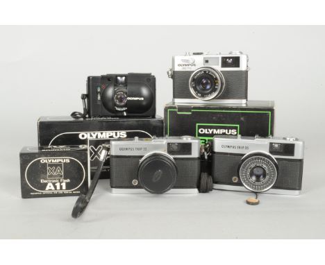 Four Olympus Compact 35mm Cameras, an XA, shutter working, meter working, maker's case and box, with A11 flash with battery c