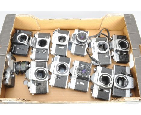 A Tray of Praktica and Other SLR Bodies, including a Praktica LB, LLC, an LTL, MTL3 (3 examples) and a Super TL, a Zeiss Ikon