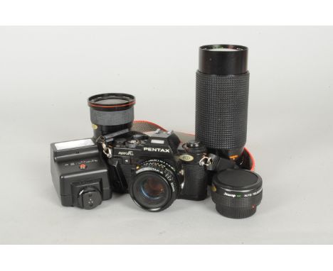 A Pentax Super A SLR Camera and Lenses, black, no. 1588201, shutter working, meter responds to light, a SMC Pentax-A 50mm f/1