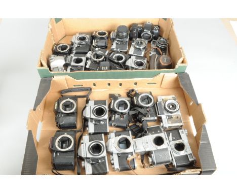Two Trays of 35mm SLR and Other Camera Bodies, including Canon, Nikon, Nikkormat, Contax, Exakta, Praktica, Chinon, Minolta,O