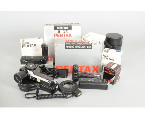 Pentax Accessories, including, a spotmeter, data back, motor drives, cases and ring flases 