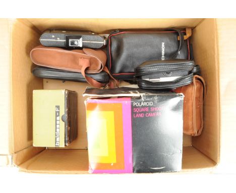 Six Cameras, a Balda Baldessa L camera in maker's box, a Polaroid Square Shooter 2 camera, a Six-20 Kodak Junior folding came