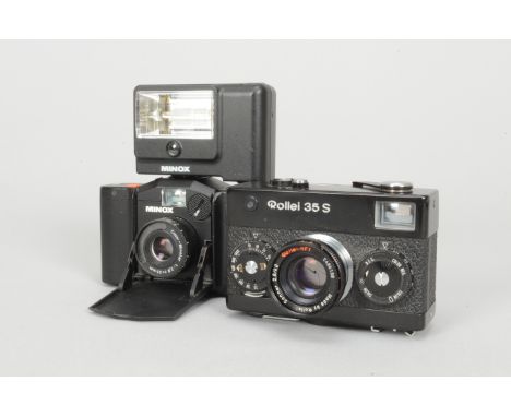 A Rollei and Minox 35mm Compact Cameras, Rollei 35-S, black, shutter working, some brassing, dings to top plate, otherwise un