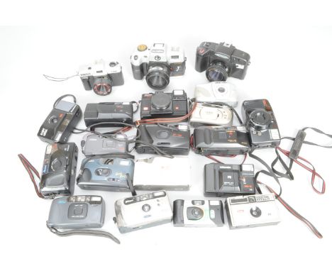 A Box of Compact Film Cameras, brands include Halina, Kodak, Miranda, Nikon, Olympus, Photokraft, Sirius, Yashica, 