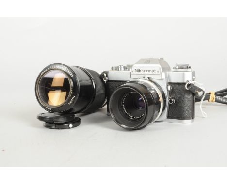 A Nikon Nikkormat EL SLR Camera with two Nikkor Lenses, chrome, no. 5165192, shutter working, meter responds to light, body G