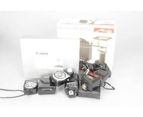 A Box of Professional Flash and Other Accessories, including a Metz Mecablitz 60 CT4 flash, a Canon Transistor Pack E and Ni-