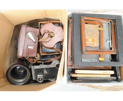 Large and Medium Format Camera Parts, including a large Bausch &amp; Lomb 6.00 E.F. lens, an incomplete Mamiyaflex C2 body, a