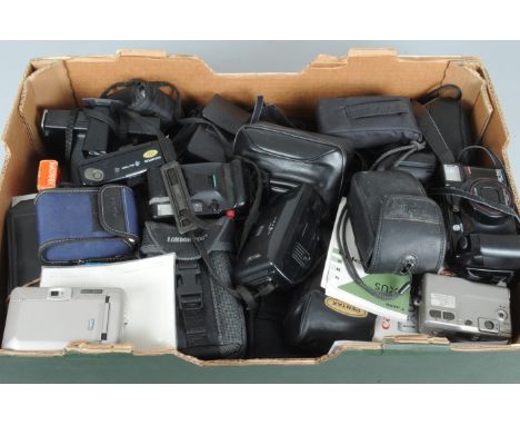 A Tray of Compact Film Cameras, brands include Agfamatic, Canon, Halina, Kodak Avantix, Konica, Minolta, Nikon, Olympus, Pent