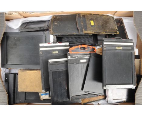 Large Format Double Dark Slide Film Backs, a large quantity in various sizes, 8½ x 6½in.(one), 7 x 5in. (6 approx.), 5 x 4in.