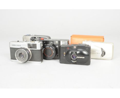 Olympus Compact Cameras, an Olympus Quick Flash AFL, an Olympus mju III 120,  Olympus Trip 35, an Olympus XA 2 together with 