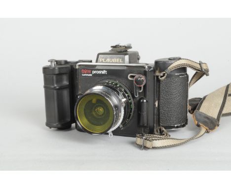A Plaubel 69W Proshift Superwide 6 x 9cm Camera, body F, Copal shutter working but release button not working, shift locking 
