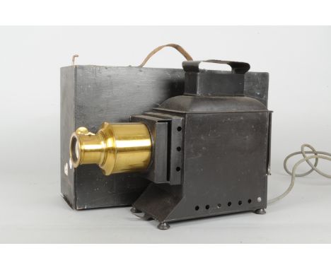 A Magic Lantern Projector, metal body, condenser lens, brass projection lens, no identification marks, converted to electric 