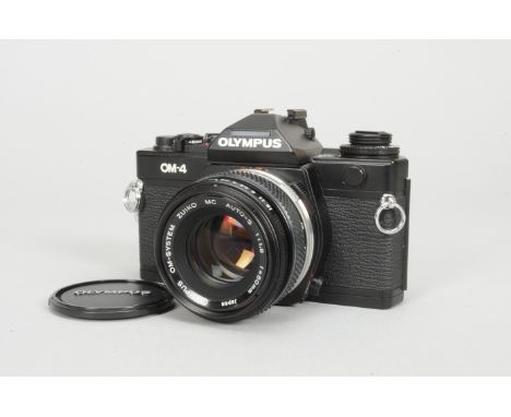 An Olympus OM-4 SLR Camera black, shutter working, meter responsive, body G-VG, with Zuiko auto-s  50mm f/1.8 lens, barrel VG