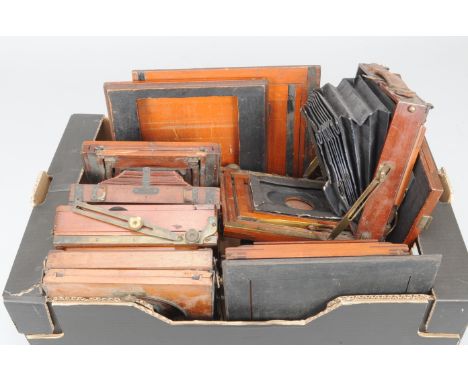 Mahogany and Brass Camera Bodies and Parts, including a Thornton-Pickard Amber whole plate view camera body, other folding ca