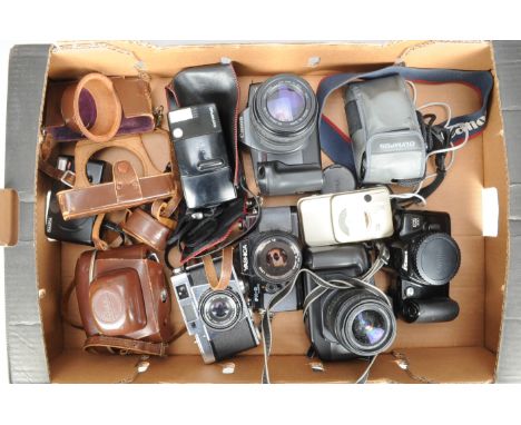 A Tray of SLR and Viewfinder Cameras, including a Yashica FX-D Quartz SLR camera, a Canon EOS 500 body, two Canon EOS 600 SLR