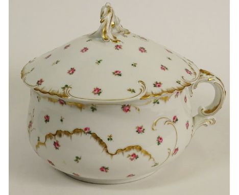 Vintage Haviland & Co. Limoges Handpainted Porcelain Lidded Chamber Pot. Floral Motif With Gold Trim. Signed on Bottom with H
