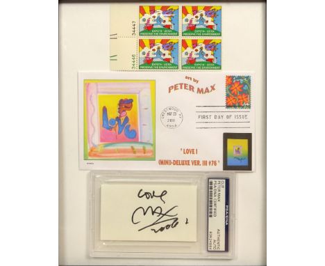 Peter Max, American (b.1937) Framed Lot of Ephemera including PSA/DNA "Cut Peter Max PSA/DNA Authentic Auto 83524984" Signed 