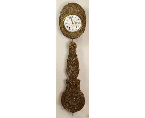 19th Century Antique French Mobier Comtoise Weight Driven Repousse Pressed Brass Wall Chime Clock. Frontispiece and Pendulum 