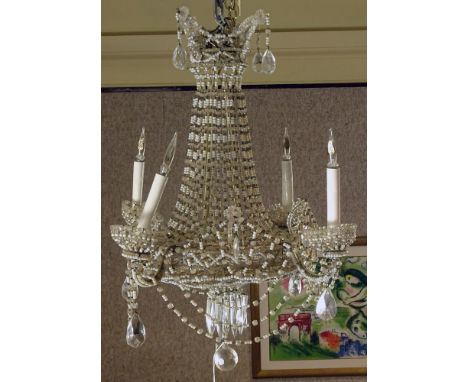 Early 20th Century Delicate Beaded Crystal Four Light Chandelier. Unsigned. Needs Cleaning Otherwise Good Condition. Measures
