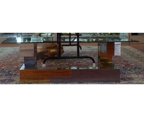 Paul Evans Skyscraper Chrome and Brass Coffee Table with Glass Top. Unsigned. Surface Dents and Scratches. Base Measures 15 I
