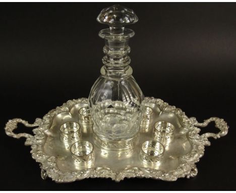 Vintage Silver Plate Tray With Crystal Decanter. Tray with Reticulated Holders for Decanter and 6 Cordial Glasses (not includ