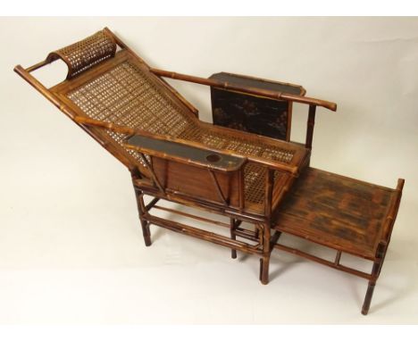 20th Century Chinese Bamboo Moon Gazing Chair with Lacquer Accents. Unsigned. Some Loose parts Otherwise Good Condition. Chai