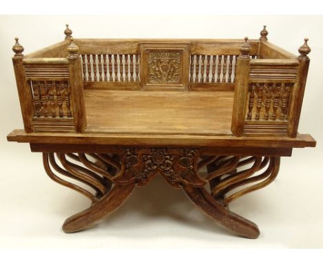 Vintage Indian Carved Teak Wood Howdah Elephant Chair. Ornately Carved. Unsigned. Age Cracks, Wear and Rubbing or in Good Con