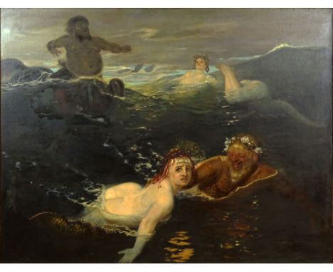 after: Arnold B&rdquo;cklin the Elder, Swiss (1827-1901) Oil on Masonite "Spiel der Wellen" (Playing in the Waves). Signed (i