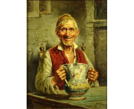 Raffaele Frigerio, Italian (1875-1948) Oil on Canvas "Man With Pottery Urn" Signed Lower Right R. Frigerio. Old Repair and Lo