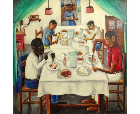 Wilson Bigaud, Haitian (1931-2010) Oil on Panel, Caf‚ Scene. Signed Lower Right. Good Condition or Better. Measures 24 Inches