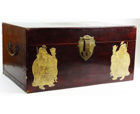 Vintage Asian Lacquered and Enameled Blanket Chest. Brass Hardware. Lacquered Interior. Unsigned. Wear, Losses, Water Rings o