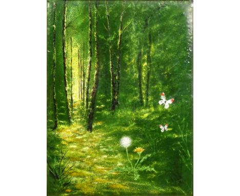 Mid 20th Century Enamel on Copper "Forest Scene". Unsigned. Good Condition or Better. Measures 17 Inches Tall and 14 Inches W