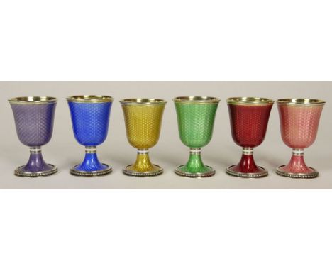 Six (6) Russian Guilloche Enamel and Silver Vodka Cups with Gilt Washed Interiors. Marked Faberge, AN and 88. Very Minor Surf