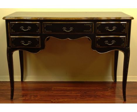 Mid Century Black Lacquered Desk. Nice Hand Painted Asian Figural Motif. Unsigned. Small Nicks and Scratches on Surface or in