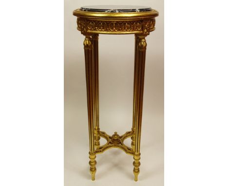 Mid 20th Century Gilt Wood Pedestal with Marble Top. Unsigned. Restoration to Marble or in good Condition. Measures 36 Inches
