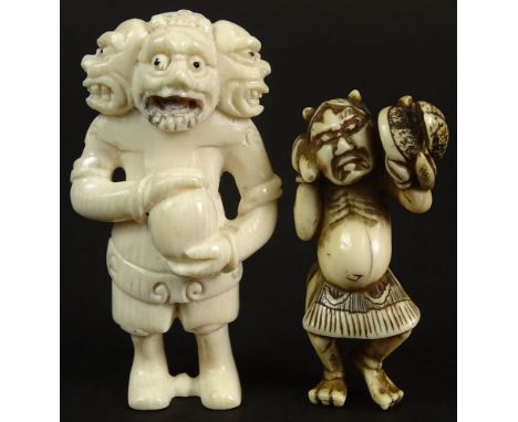 Lot of Two (2) Japanese Carved Ivory Figural Netsukes. Both Signed With Character Marks. Good Condition. This item will only 