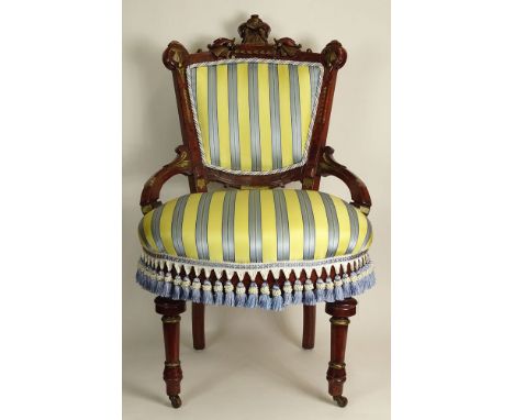 Antique American Herter Brother Style Carved Chair, Upholstered in Scalamandre Striped Silk and Decorated with Various Tassel