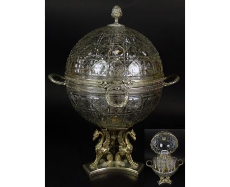 Large Crystal Sphere and Parcel Gilt Tantalus. Figural Griffon Base. Interior with Crystal Decanter and 6 Crystal Glasses. Un