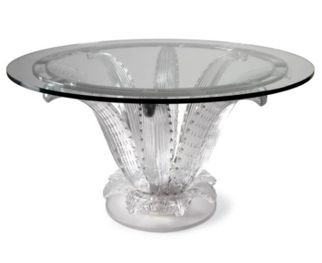 Lalique, France Clear Crystal Cactus Round Table with Beveled Glass Top. Signed. Very Good Condition. Base Measures 27-1/2 In