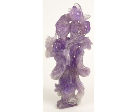 Antique Chinese Carved Amethyst Figural Group "Guanyin in Flowing Robes". Unsigned. Good Condition. Measures 11-1/4 Inches Ta