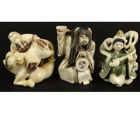 Lot of Three (3) Japanese Carved Ivory Figural Netsukes. All Signed With Character Marks. Good Condition. This item will only