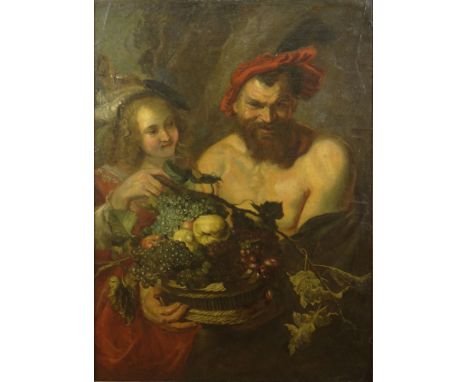 after: Sir Paul Rubens Old Master Oil on Canvas "Satyr Holding Basket of Fruit With Girl By His Side". Unsigned., Craquelure 