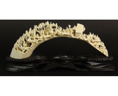 Chinese Carved Ivory Mountain Landscape Bridge Sculpture on Carved Wood Base. Unsigned. Losses. Please Examine this Lot Caref